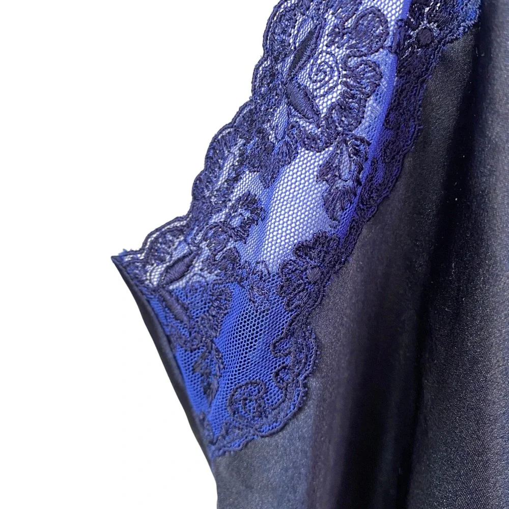 La Mouette Navy Blue Satin Lace Trim Chemise Slip‎ Dress Nightgown Medium